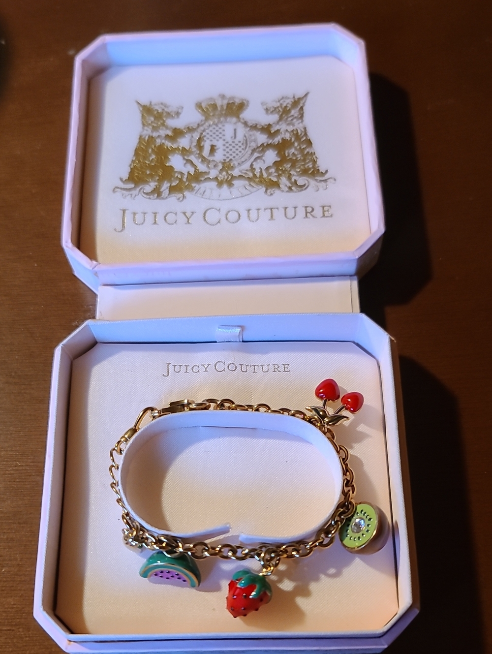 Juicy Couture Gold Tone Fruit Charm Bracelet with Red, Green & Pink Accents